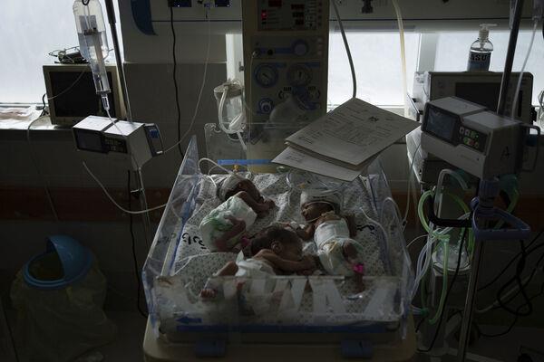 Premature babies are prepared for transport to Egypt after they were evacuated from Shifa Hospital in Gaza City to a hospital in Rafah. Picture: AP Photo/Fatima Shbair