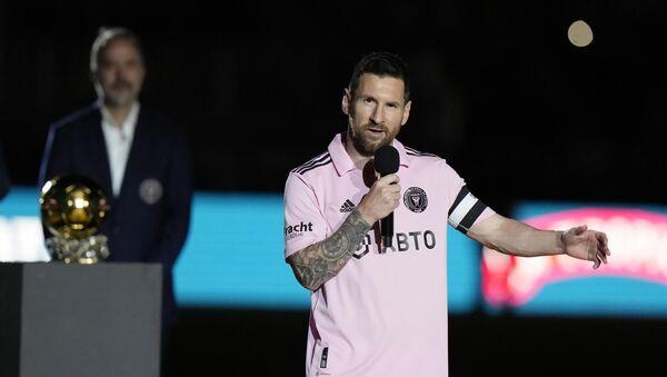 Inter Miami forward Lio<em></em>nel Messi speaks during a ceremony ho<em></em>noring his Ballon d'Or trophy.