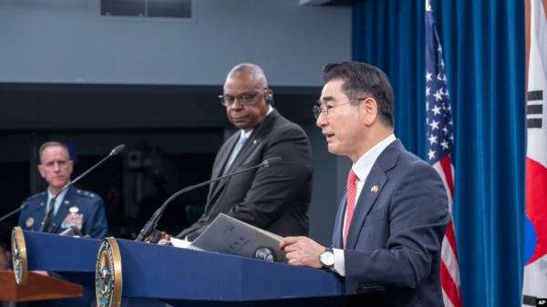 Defense Secretary Lloyd Austin, center, listens as South Korean Defense Minister Kim Yong Hyun, right, speaks during a joint press briefing at the Pentagon on Oct. 30, 2024 in Washington. At left is Pentagon Press Secretary Maj. Gen. Pat Ryder.